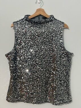 Ann Taylor Gray Sequin Sleeveless Mock Neck Top